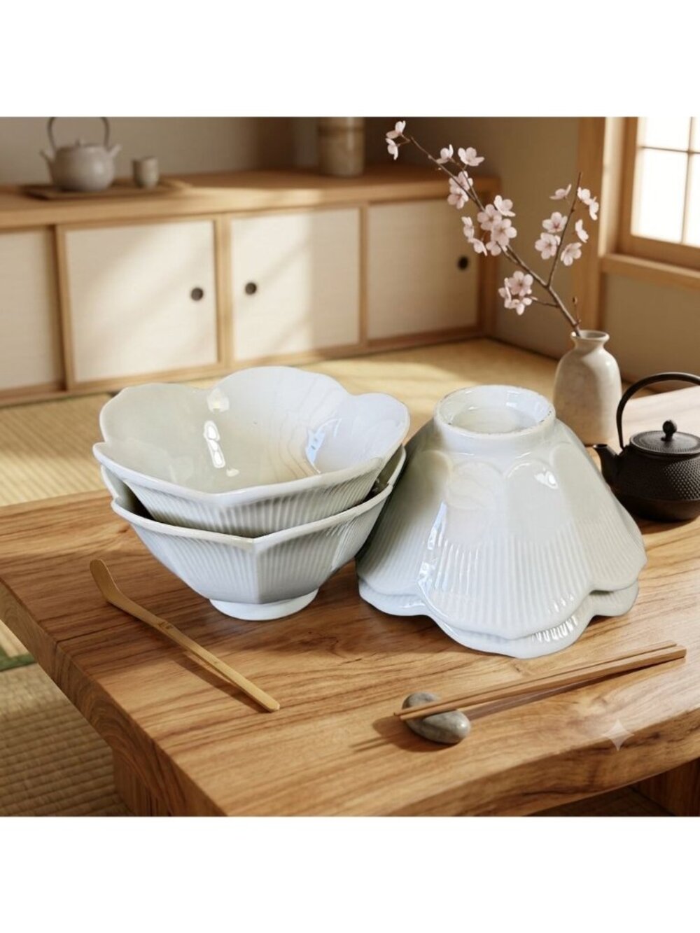 Vintage White Porcelain Lotus Bowls Ribbed Scalloped Set of 4 Japan 4.75" - Picture 1 of 7